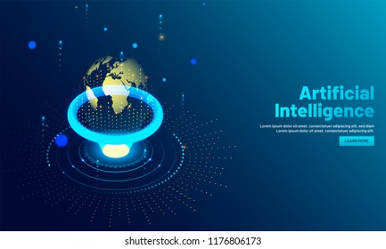 Illustração brilhante do globo da Terra entre os raios emergentes, sistema global de aprendizagem profunda, design de página de destino baseado no conceito de Inteligência Artificial (AI).