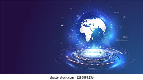 Shiny Earth globe illustration between emerging rays. Global network connection. World map point and line composition concept of global business. Vector Illustration