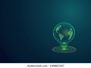 Shiny Earth globe illustration between emerging rays. Global network connection. World map point and line composition concept of global business. Vector Illustration