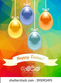 Shiny eggs and banner Happy Easter on on low poly background. 