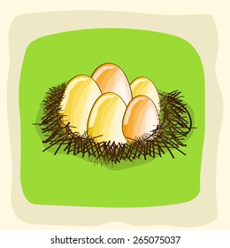 Shiny eggs in the nest for Happy Easter celebration on stylish background.