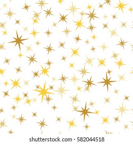 Shiny eight rays star pattern. Golden sparkle vector seamless background. Confetti fall chaotic decor. Gold starlit card vector template.  Abstract star cosmic design. Night objects, light symbols.