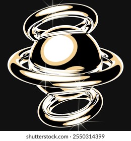Ilustración vectorial 3D brillante y elegante en estilo retro-futurista Y2K, combinando superficies cromadas con un oro brillante
