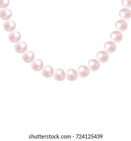 Shiny elegant necklace. Pearl beads, Beautiful jewel. Fashion accessory. Pink colour. Retro style. Realistic vector illustration.