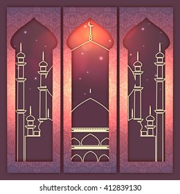Luminosas y elegantes banderas de sitios web ambientadas con diseño creativo de mezquita para el Festival de la Comunidad Musulmana, celebración de Eid Mubarak.