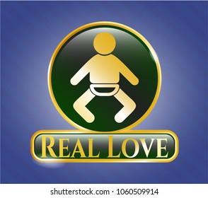     Shiny emblem with baby icon and Real Love text inside