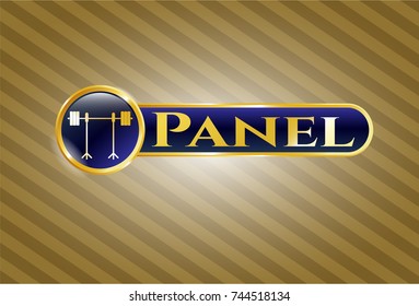 Shiny emblem with barbell on rack icon and Panel text inside Shiny emblem with barbell on rack icon and Panel text inside