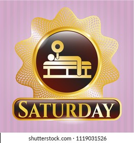  Shiny emblem with bench press icon and Saturday text inside