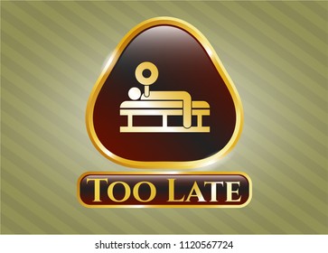  Shiny emblem with bench press icon and Too Late text inside