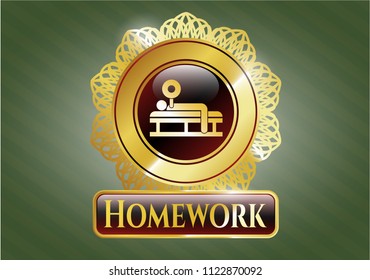  Shiny emblem with bench press icon and Homework text inside
