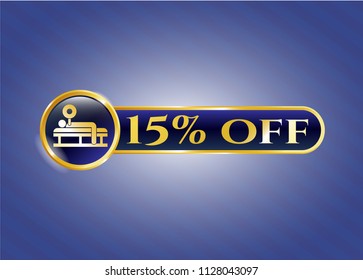 Shiny emblem with bench press icon and 15% off text inside