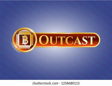 Shiny emblem with bitcoin chip (cryptocurrency mining concept) icon and Outcast text inside