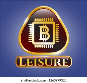  Shiny emblem with bitcoin chip (cryptocurrency mining concept) icon and Leisure text inside