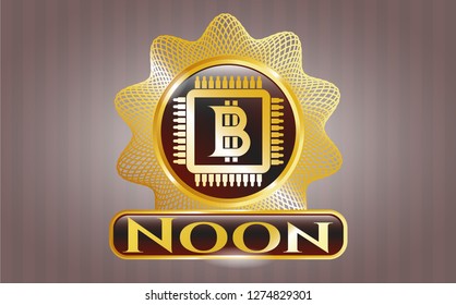  Shiny emblem with bitcoin chip (cryptocurrency mining concept) icon and Noon text inside