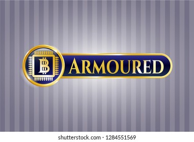  Shiny emblem with bitcoin chip (cryptocurrency mining concept) icon and Armoured text inside