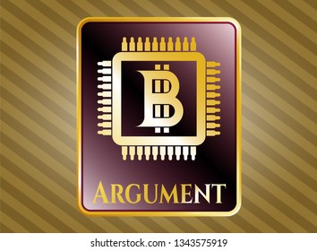  Shiny emblem with bitcoin chip (cryptocurrency mining concept) icon and Argument text inside