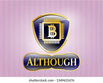  Shiny emblem with bitcoin chip (cryptocurrency mining concept) icon and Although text inside