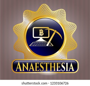  Shiny emblem with bitcoin mining icon and Anaesthesia text inside