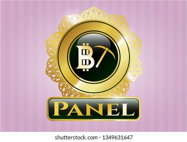  Shiny emblem with bitcoin mining icon and Panel text inside