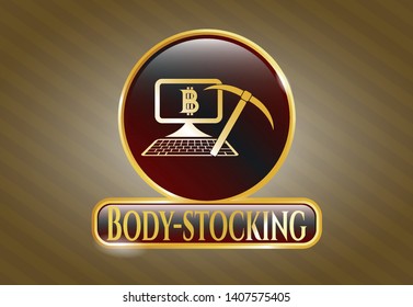  Shiny emblem with bitcoin mining icon and Body-stocking text inside
