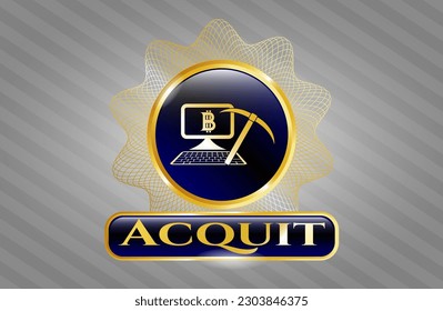 Leuchtendes Emblem mit dem Bitcoin-Bergbausymbol und Acquit-Text im Inneren