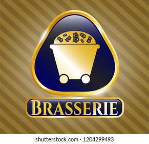  Shiny emblem with Bitcoin mining trolley icon and Brasserie text inside