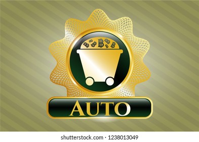  Shiny emblem with Bitcoin mining trolley icon and Auto text inside