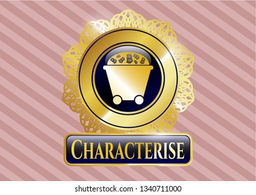  Shiny emblem with Bitcoin mining trolley icon and Characterise text inside