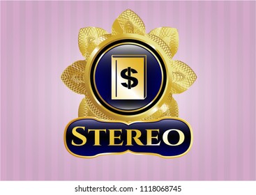  Shiny emblem with book with money symbol inside icon and Stereo text inside