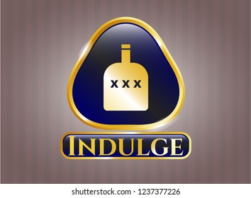  Shiny emblem with bottle of alcohol icon and Indulge text inside