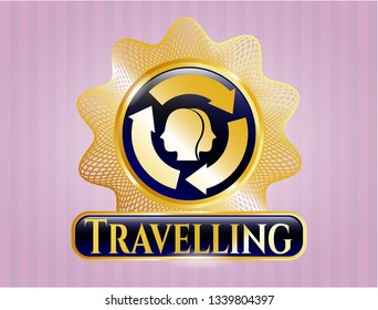  Shiny emblem with brain storm icon and Travelling text inside