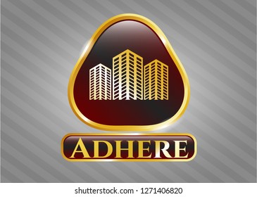  Shiny emblem with buildings icon and Adhere text inside