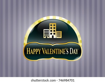  Shiny emblem with buildings icon and Happy Valentine's Day text inside