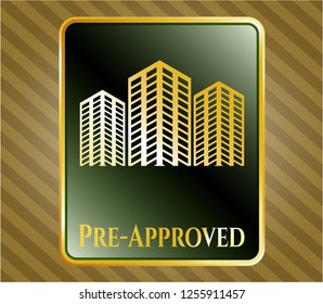  Shiny emblem with buildings icon and Pre-Approved text inside