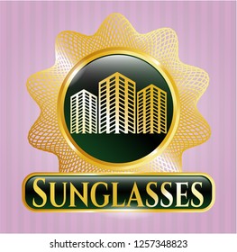  Shiny emblem with buildings icon and Sunglasses text inside