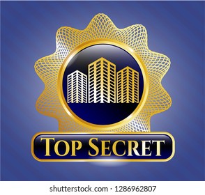  Shiny emblem with buildings icon and Top Secret text inside