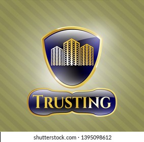  Shiny emblem with buildings icon and Trusting text inside