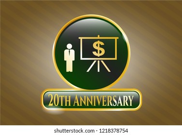  Shiny emblem with business presentation icon and 20th Anniversary text inside
