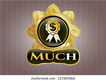  Shiny emblem with business ribbon icon and Much text inside