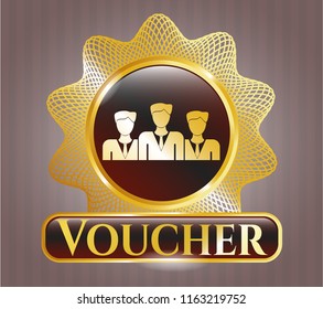  Shiny emblem with business teamwork icon and Voucher text inside