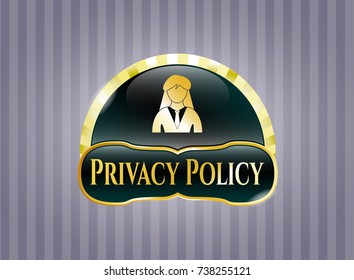  Shiny emblem with businesswoman icon and Privacy Policy text inside
