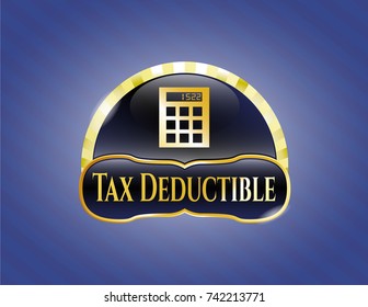 Shiny emblem with calculator icon and Tax Deductible text inside Shiny emblem with calculator icon and Tax Deductible text inside