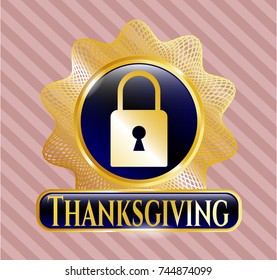  Shiny emblem with closed lock icon and Thanksgiving text inside