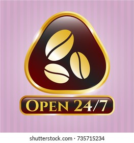  Shiny emblem with coffee bean icon and Open 24/7 text inside