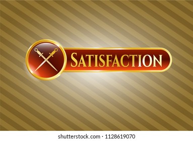  Shiny emblem with crossed swords icon and Satisfaction text inside