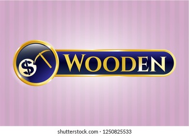  Shiny emblem with cryptocurrency mining icon and Wooden text inside