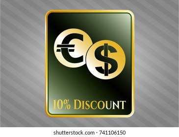  Shiny emblem with currency exchange icon and 10% Discount text inside