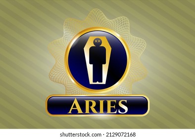 Shiny emblem with dead man in his coffin icon and Aries text inside