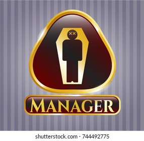  Shiny emblem with dead man in his coffin icon and Manager text inside