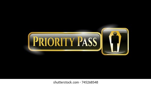  Shiny emblem with dead man in his coffin icon and Priority Pass text inside